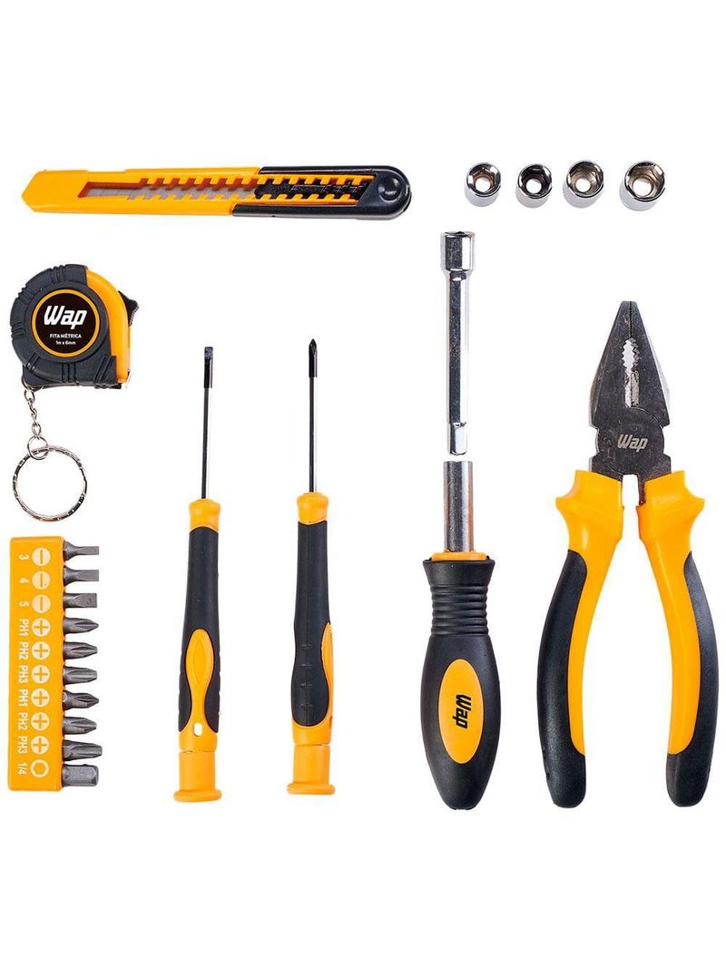 Kit de ferramentas manuais wap mkf21 com trena, chaves, estilete, alicate, maleta – 21 peças