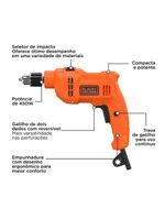 Furadeira de impacto black+decker bed710450 3/8” 450w empunhadura ergonômica gatilho anatômico laranja e preta