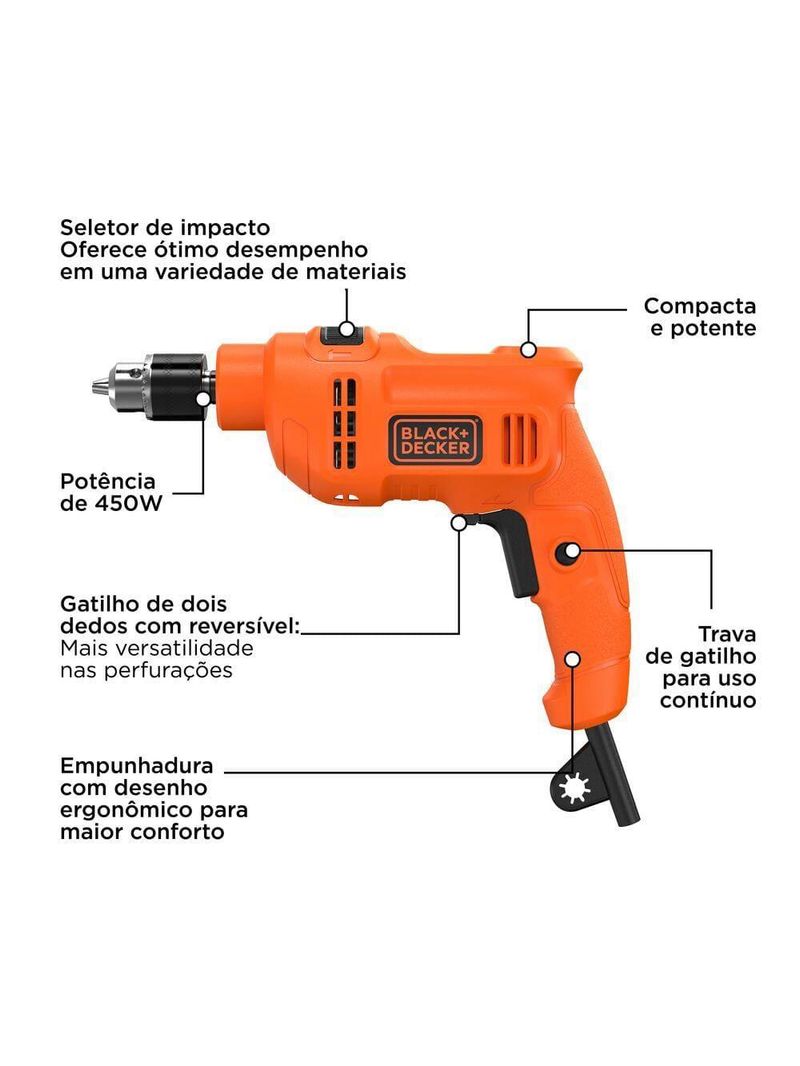 Furadeira de impacto black+decker bed710450 3/8” 450w empunhadura ergonômica gatilho anatômico laranja e preta
