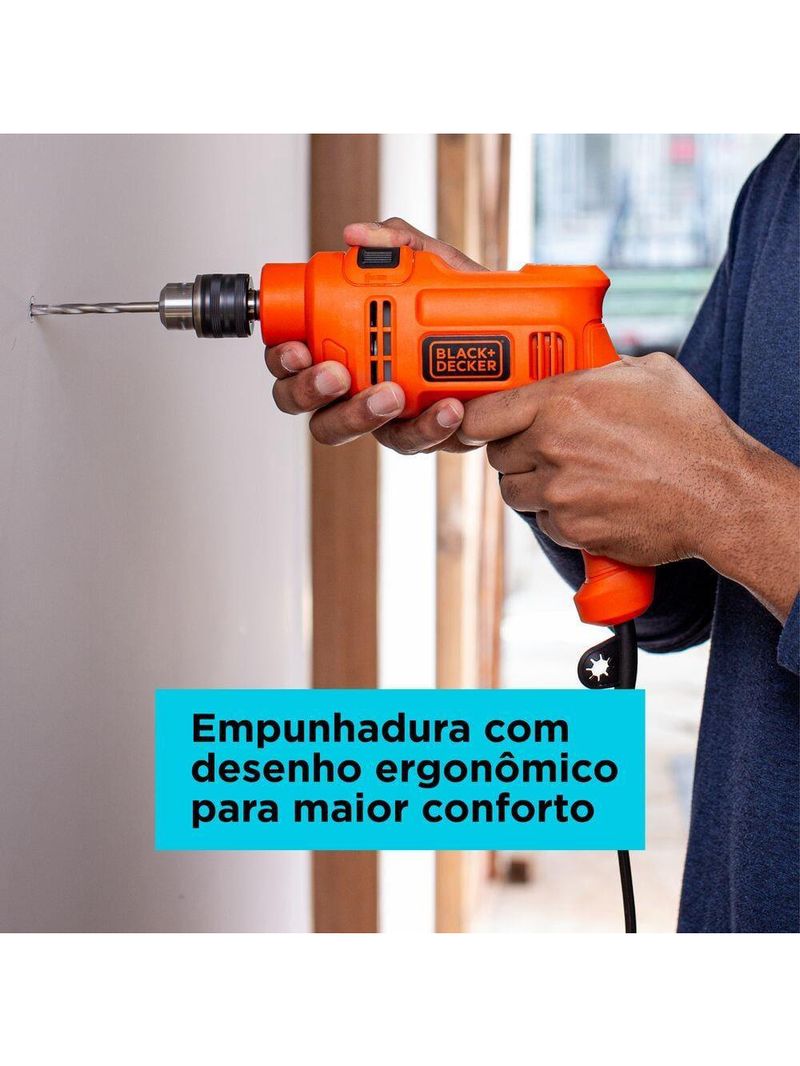 Furadeira de impacto black+decker bed710450 3/8” 450w empunhadura ergonômica gatilho anatômico laranja e preta