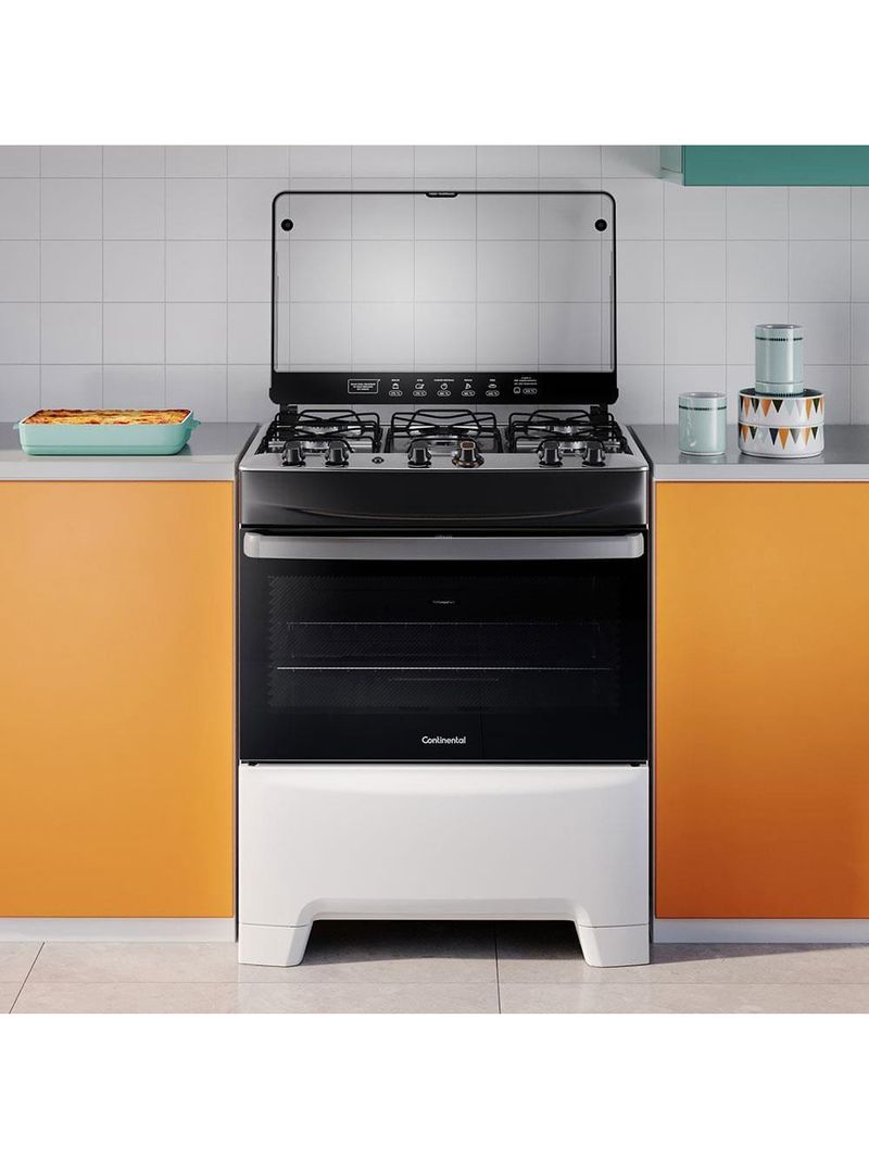 Fogão continental 5 bocas fc5ib com mesa de inox, tecnologia top limpa fácil e acendimento automático – branco