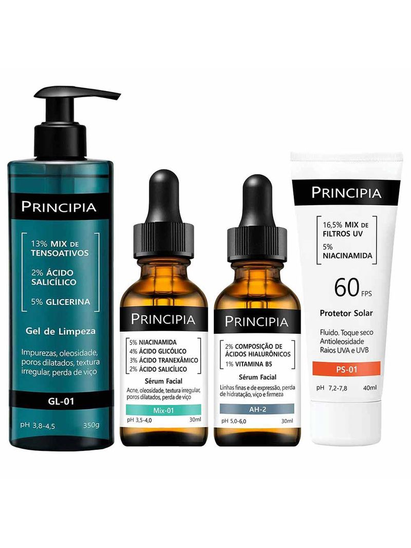 Principia kit - protetor solar fps60 + sérum ah-2 + sérum mix-01 + gel de limpeza