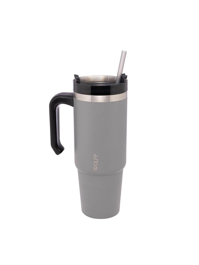 Caneca térmica wolff slimterm 890ml com canudo, parede dupla e base ergonômica cinza