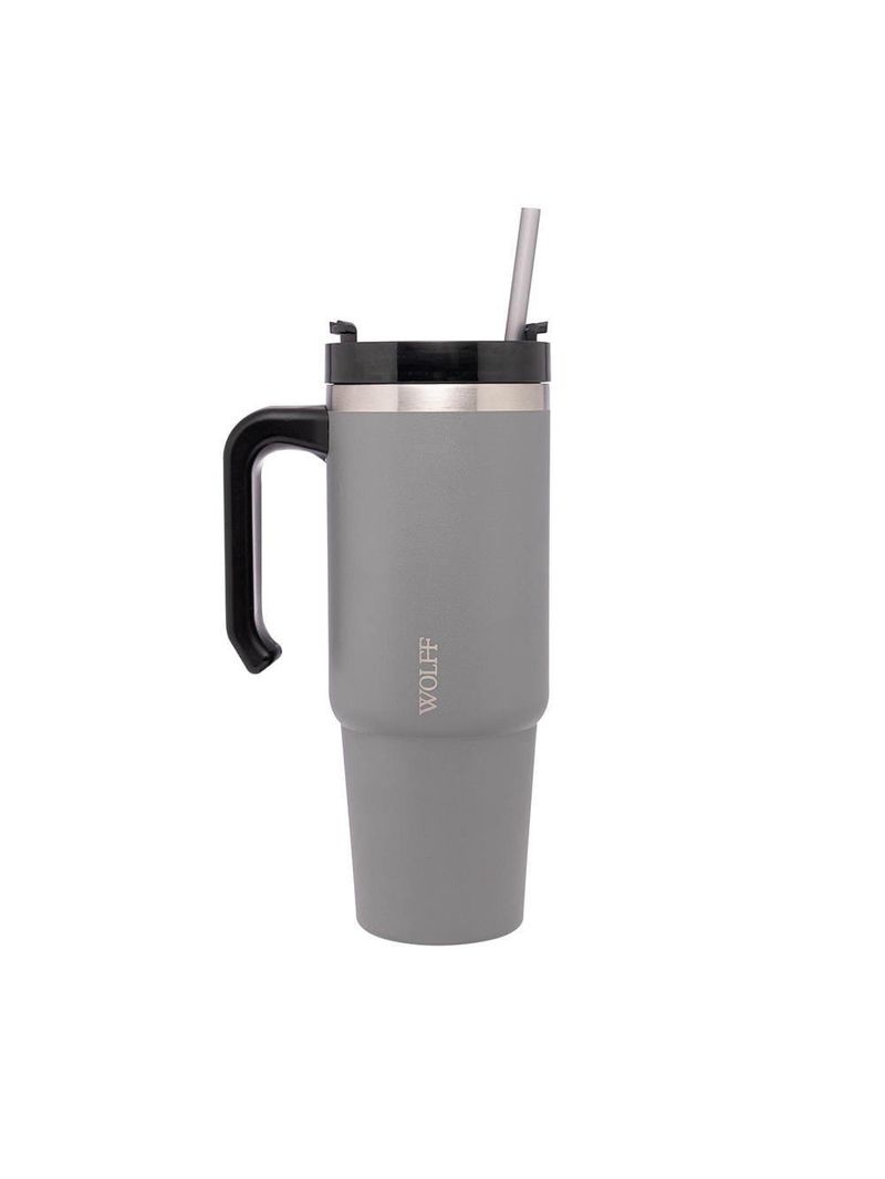 Caneca térmica wolff slimterm 890ml com canudo, parede dupla e base ergonômica cinza