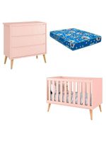 Berço Americano E Cômoda Infantil Gaveteiro Theo Rosa Pés Madeira Natural Com Colchão - Reller