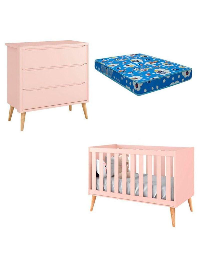 Berço Americano E Cômoda Infantil Gaveteiro Theo Rosa Pés Madeira Natural Com Colchão - Reller