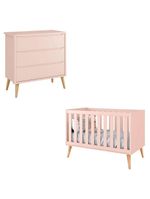 Berço Americano E Cômoda Infantil Gaveteiro Theo Rosa Com Pés Madeira Natural - Reller