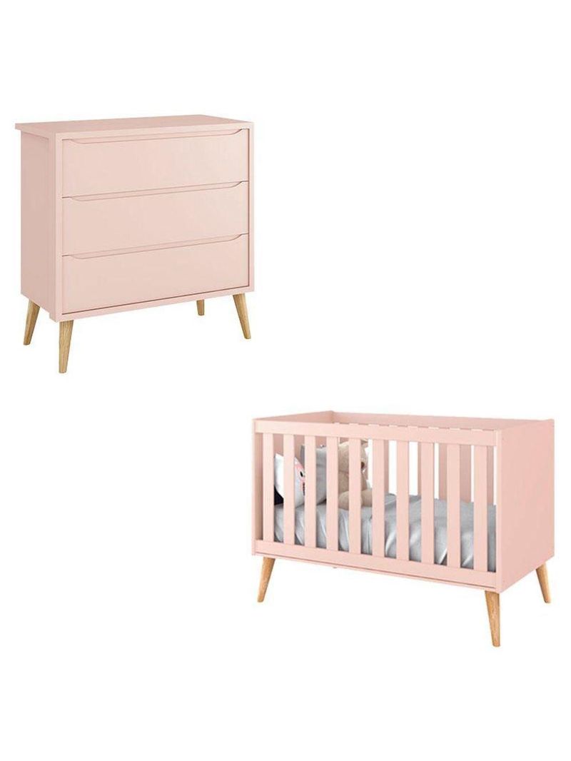 Berço Americano E Cômoda Infantil Gaveteiro Theo Rosa Com Pés Madeira Natural - Reller