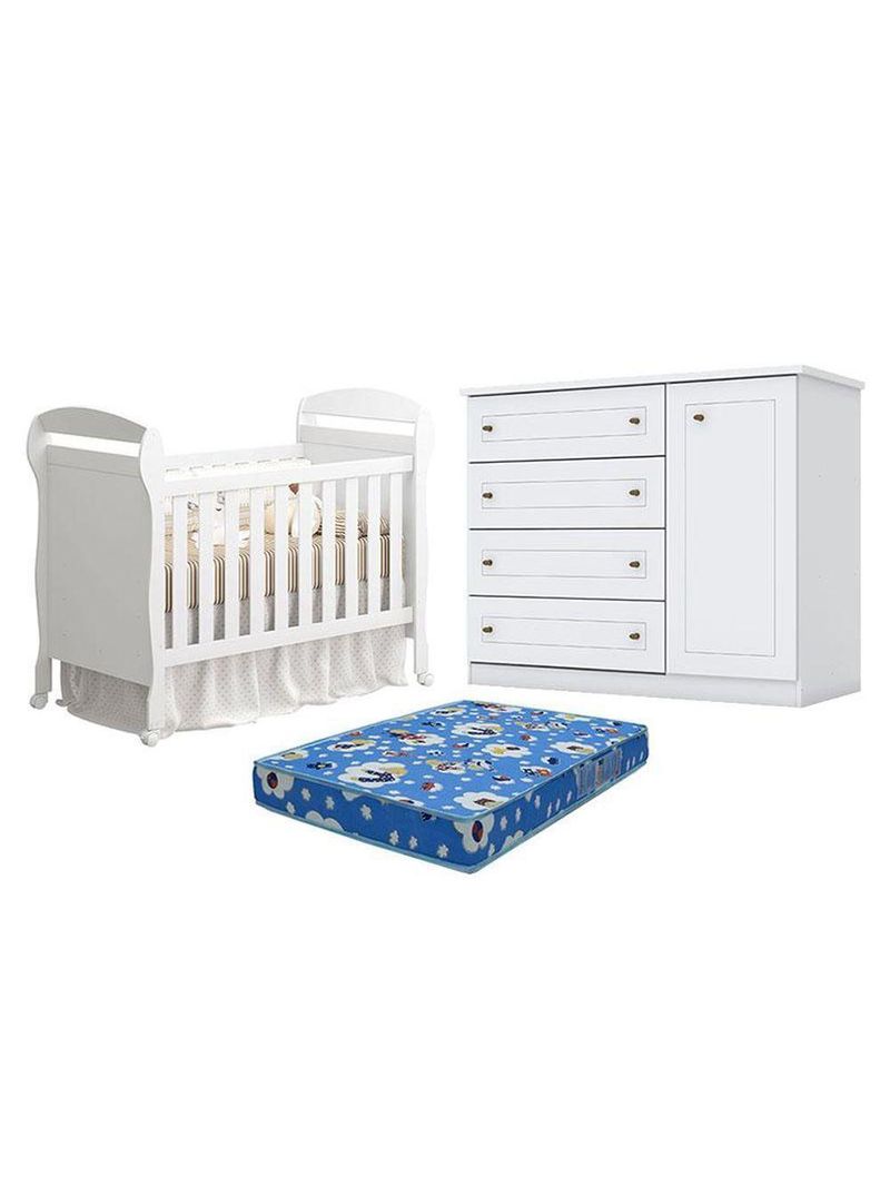 Berço Americano Danny Branco Acetinado Reller Cômoda  Americano Branco Colchão Ortobom Henn