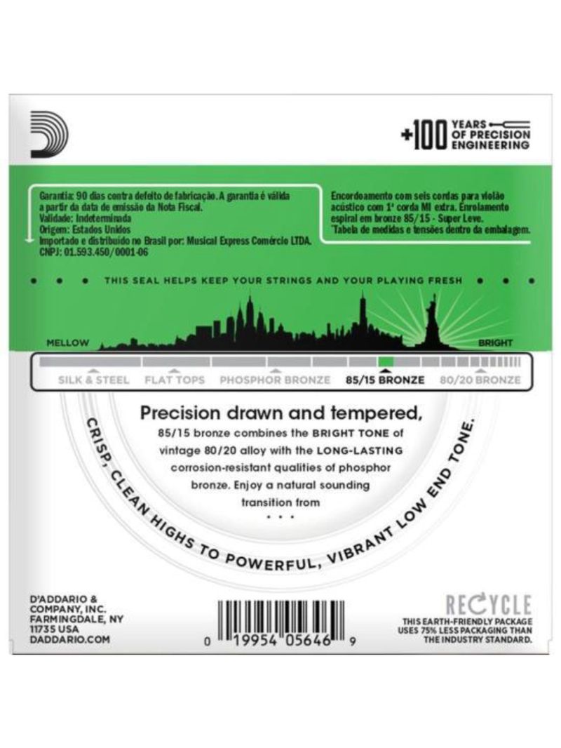 Encordoamento violão aço 009-045 85/15 bronze ez890-b d addario com corda extra pl009