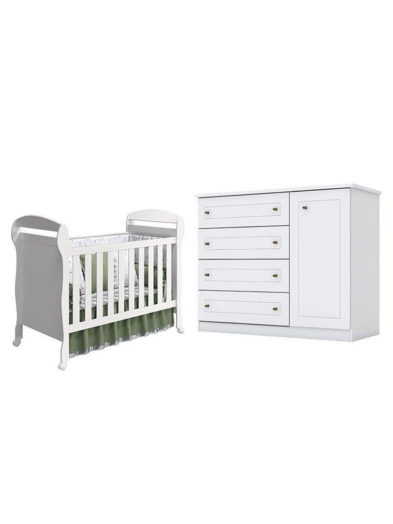 Berço Americano Danny Branco Acetinado Reller E Cômoda Infantil Americano Branco Hp - Henn