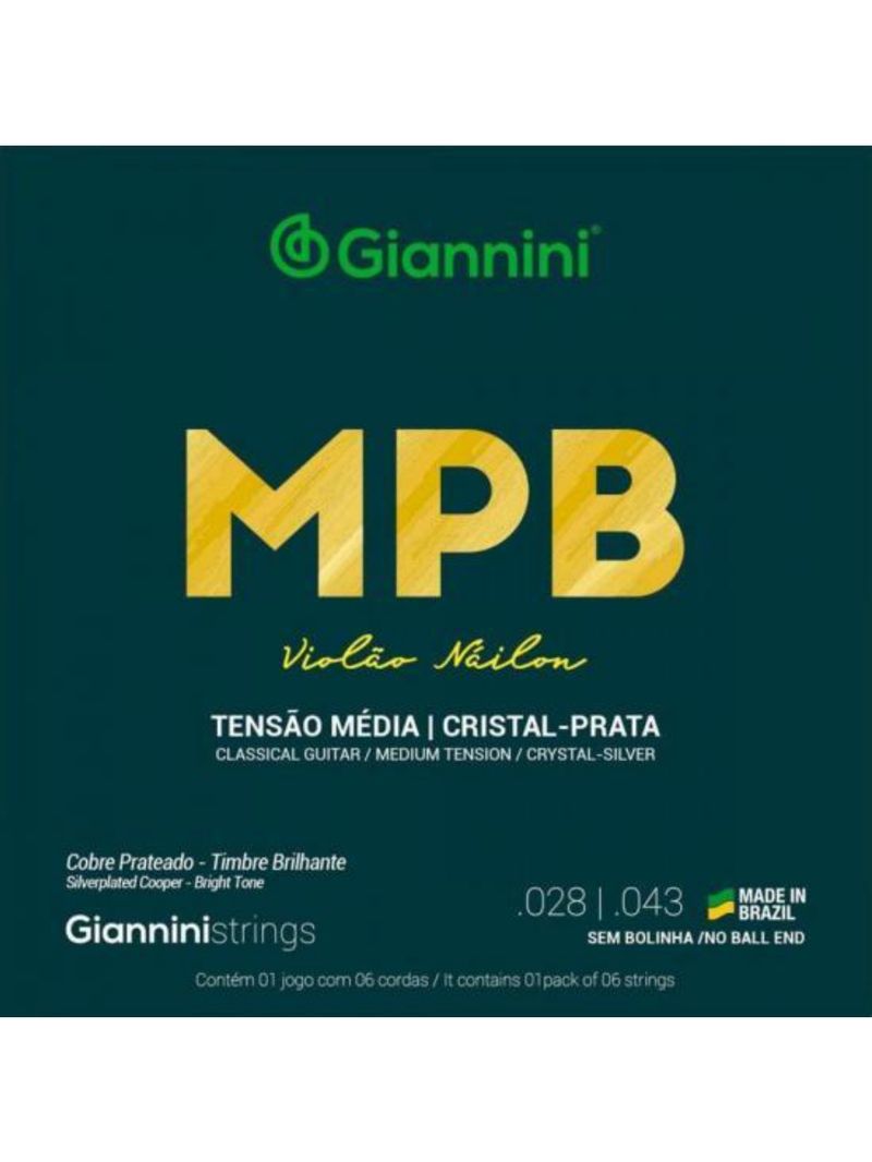 Encordoamento para violão nylon série mpb cobre prateado giannini genws