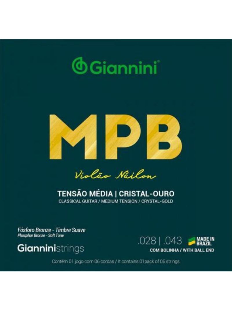 Encordoamento para violão nylon com bolinha média série mpb giannini genwg
