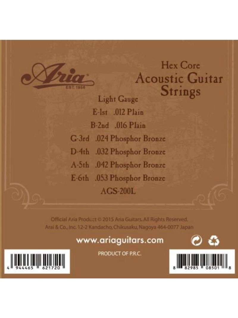 Encordoamento para violão 012 phosphor bronze ags200l aria guitars