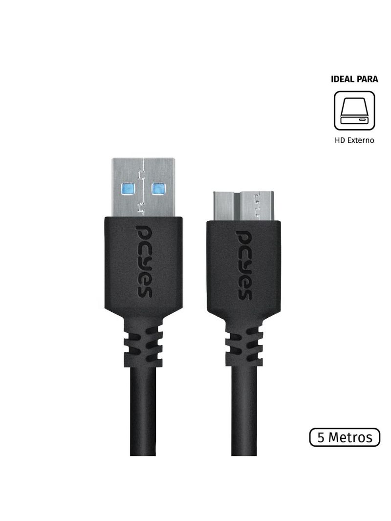 Cabo usb 30 a micro b 5m hd externo cobre 28awg pcyes