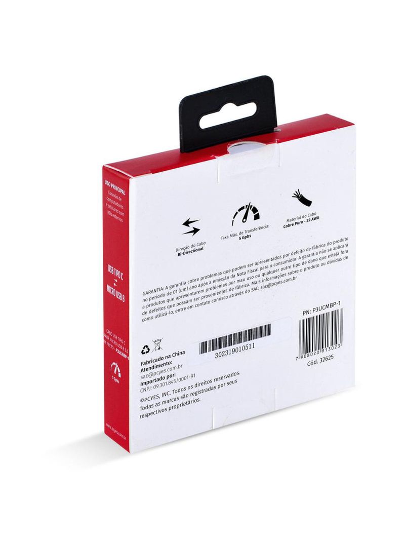 Cabo usb c micro usb b 30 pcyes 1m preto hd externo