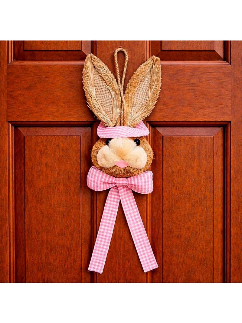 Decoração Páscoa Pendente Cabeça Coelho Com Laço Palha 40cm Rosa