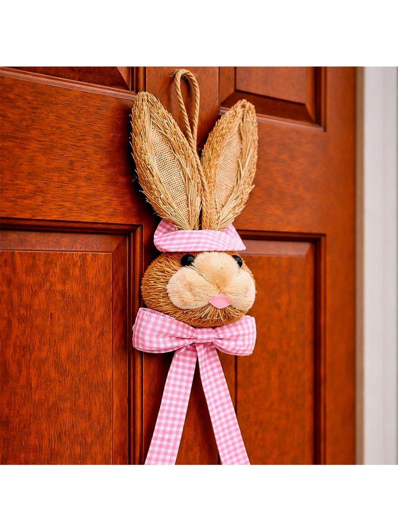 Decoração Páscoa Pendente Cabeça Coelho Com Laço Palha 40cm Rosa