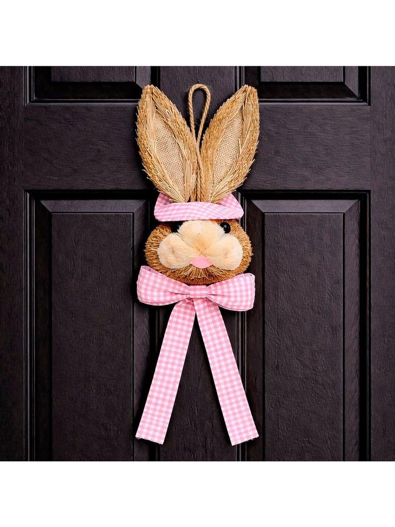Decoração Páscoa Pendente Cabeça Coelho Com Laço Palha 40cm Rosa