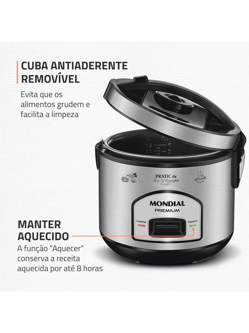 Panela elétrica de arroz mondial pe-43 6 xícaras - preta/inox