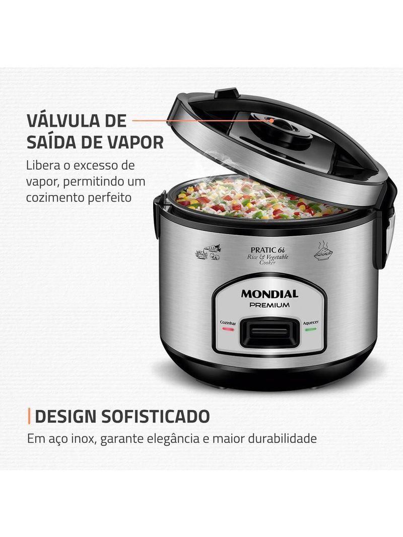 Panela elétrica de arroz mondial pe-43 6 xícaras - preta/inox