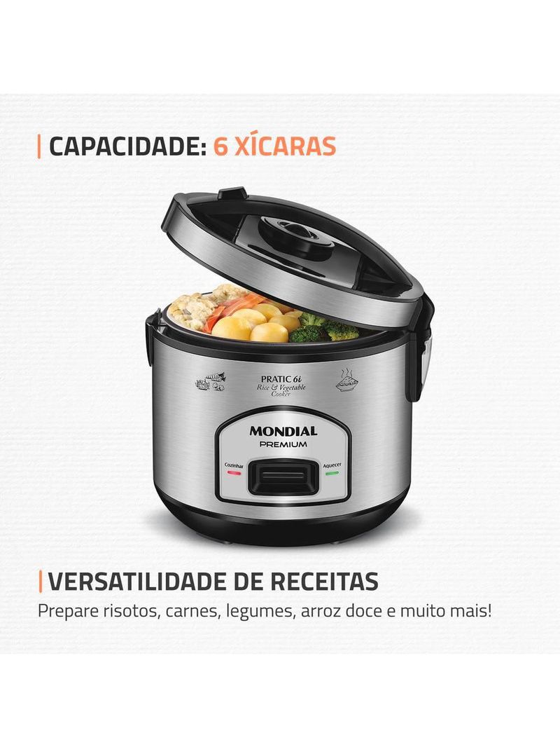 Panela elétrica de arroz mondial pe-43 6 xícaras - preta/inox
