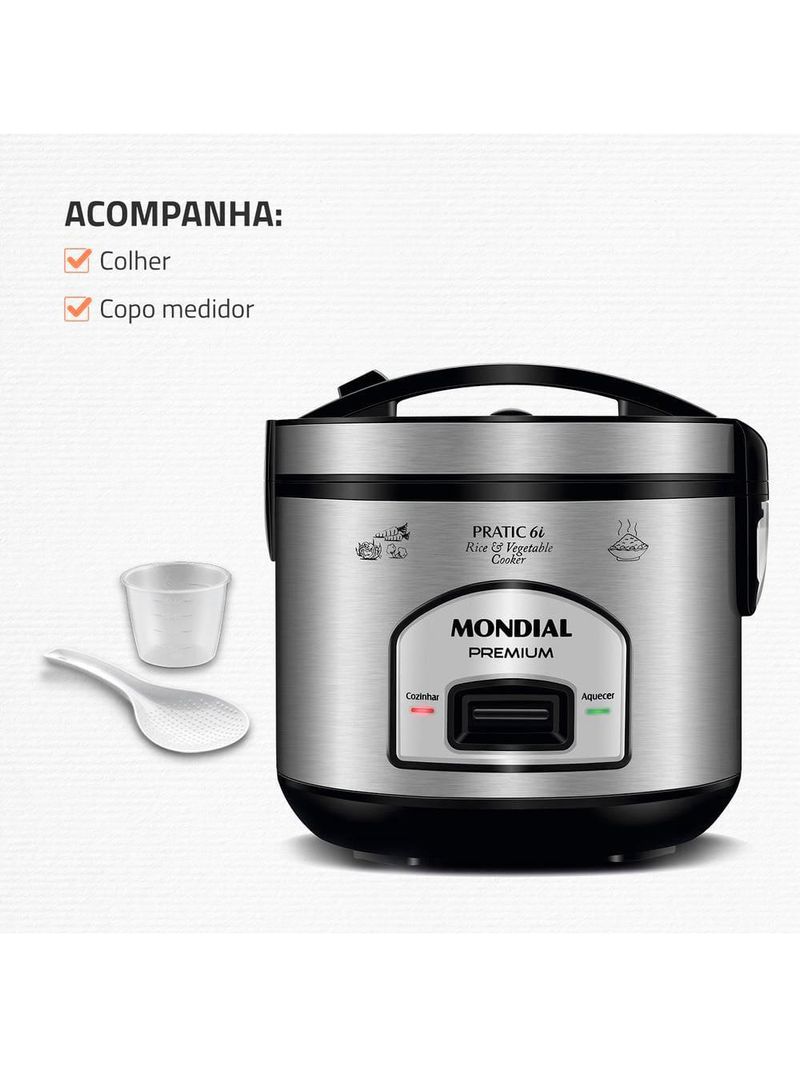 Panela elétrica de arroz mondial pe-43 6 xícaras - preta/inox