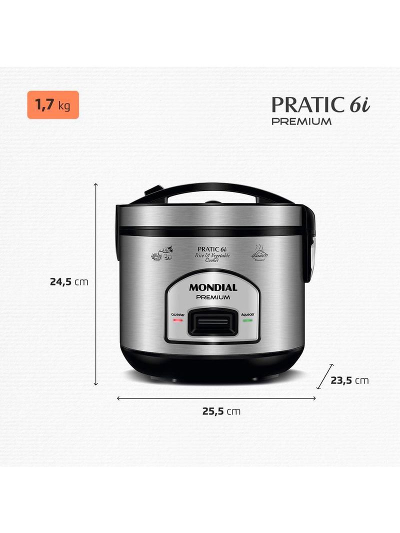 Panela elétrica de arroz mondial pe-43 6 xícaras - preta/inox