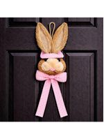 Pendente Cabeça Coelho Com Laço Decoração Páscoa Palha 40cm Rosa