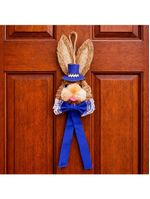 Pendente Cabeça Coelho Com Laço Decoração Páscoa Palha 40cm Azul