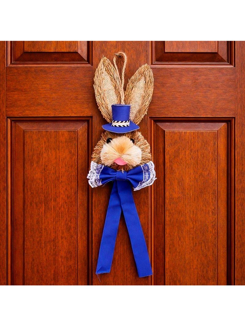 Pendente Cabeça Coelho Com Laço Decoração Páscoa Palha 40cm Azul
