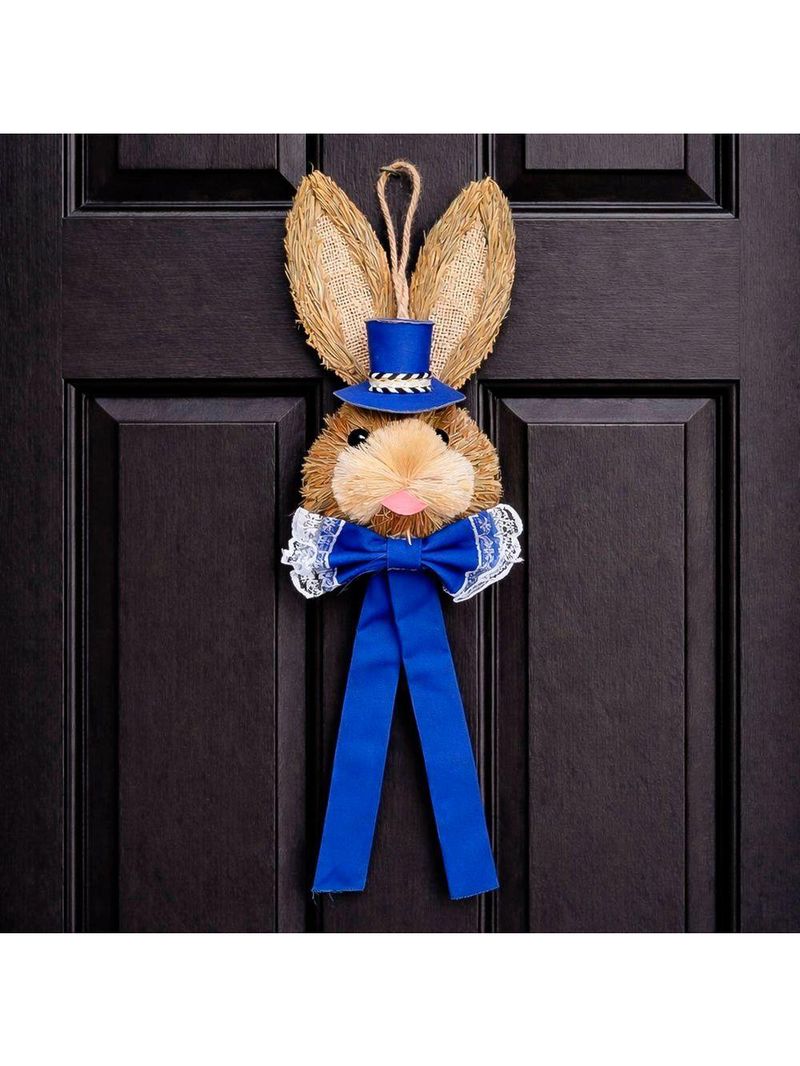 Pendente Cabeça Coelho Com Laço Decoração Páscoa Palha 40cm Azul