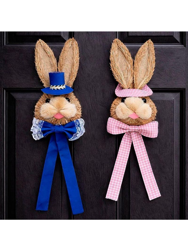 Pendente Casal Cabeça Coelho Decoração De Páscoa Palha 40cm