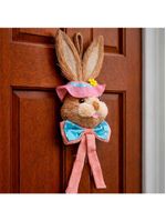 Pendente Cabeça Coelho Com Laço Decoração Páscoa Palha 65cm Rosa
