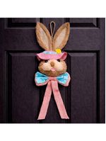 Pendente Cabeça Coelho Com Laço Decoração Páscoa Palha 65cm Rosa