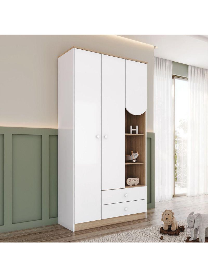 Guarda Roupa Infantil Magia 3 Portas 2 Gavetas Branco Com Jequitibá Hp