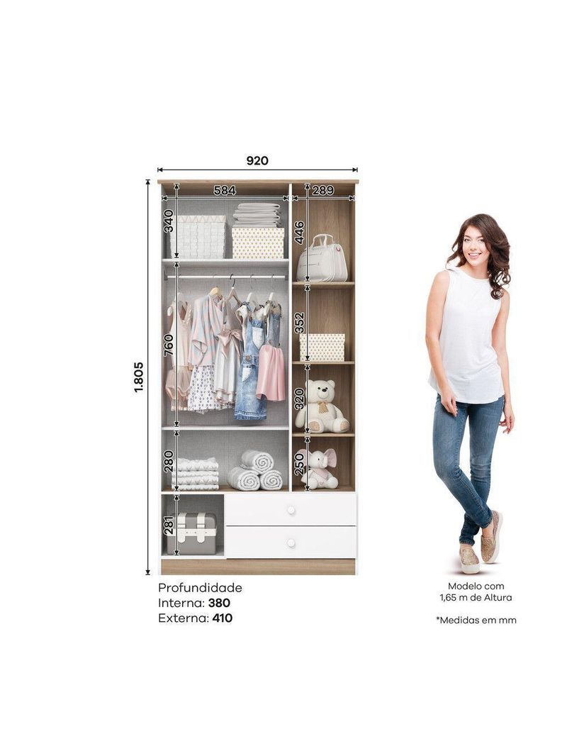 Guarda Roupa Infantil Magia 3 Portas 2 Gavetas Branco Com Jequitibá Hp