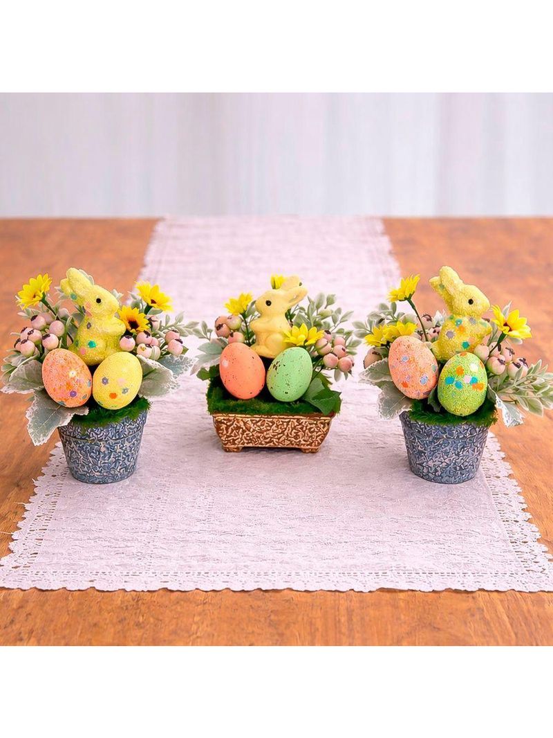Enfeite Arranjo Páscoa Centro Mesa Aparador Coelho Kit 3pçs