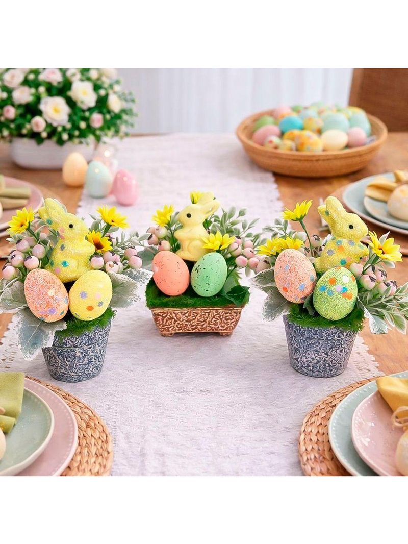 Enfeite Arranjo Páscoa Centro Mesa Aparador Coelho Kit 3pçs