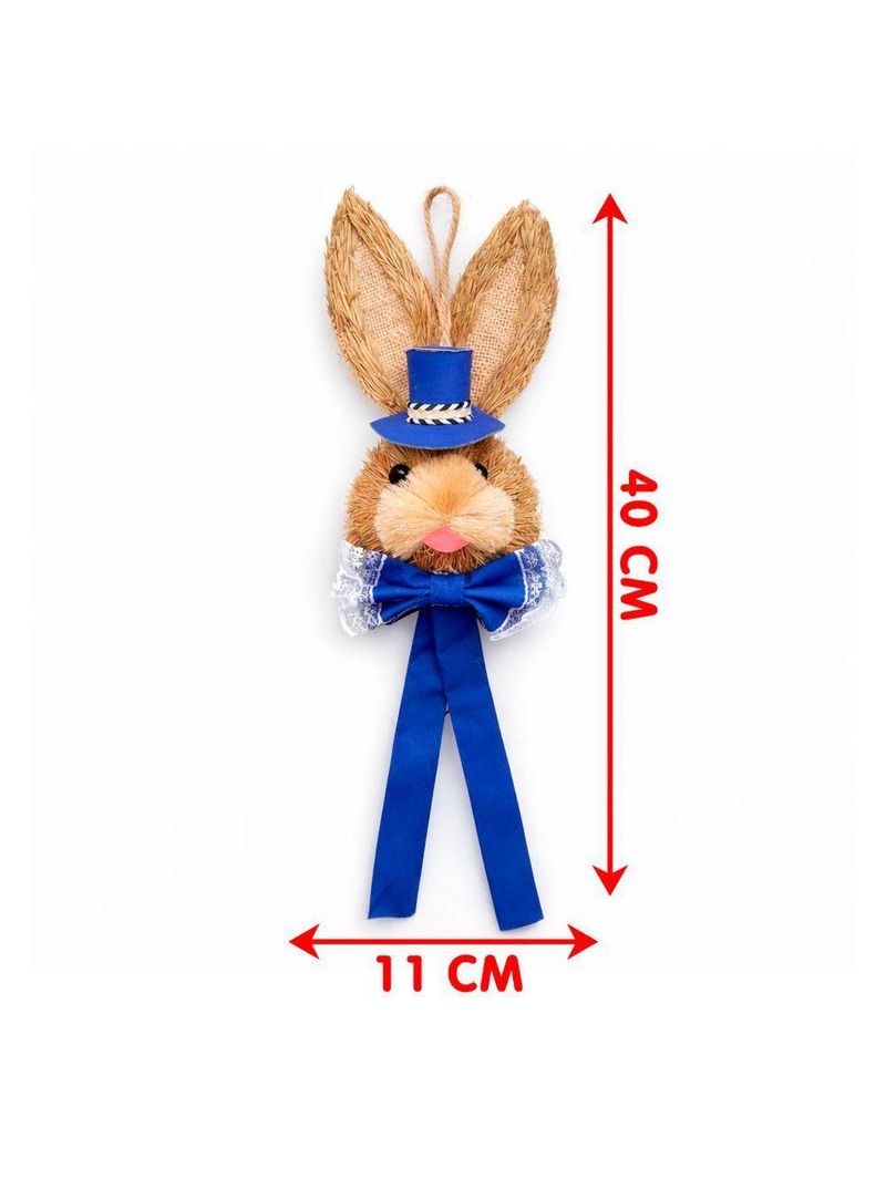 Decoração Páscoa Pendente Cabeça Coelho Com Laço Palha 40cm Azul