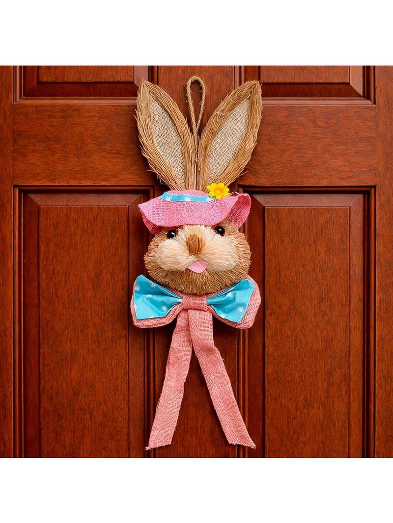 Decoração Páscoa Pendente Cabeça Coelho Com Laço Palha 65cm Rosa