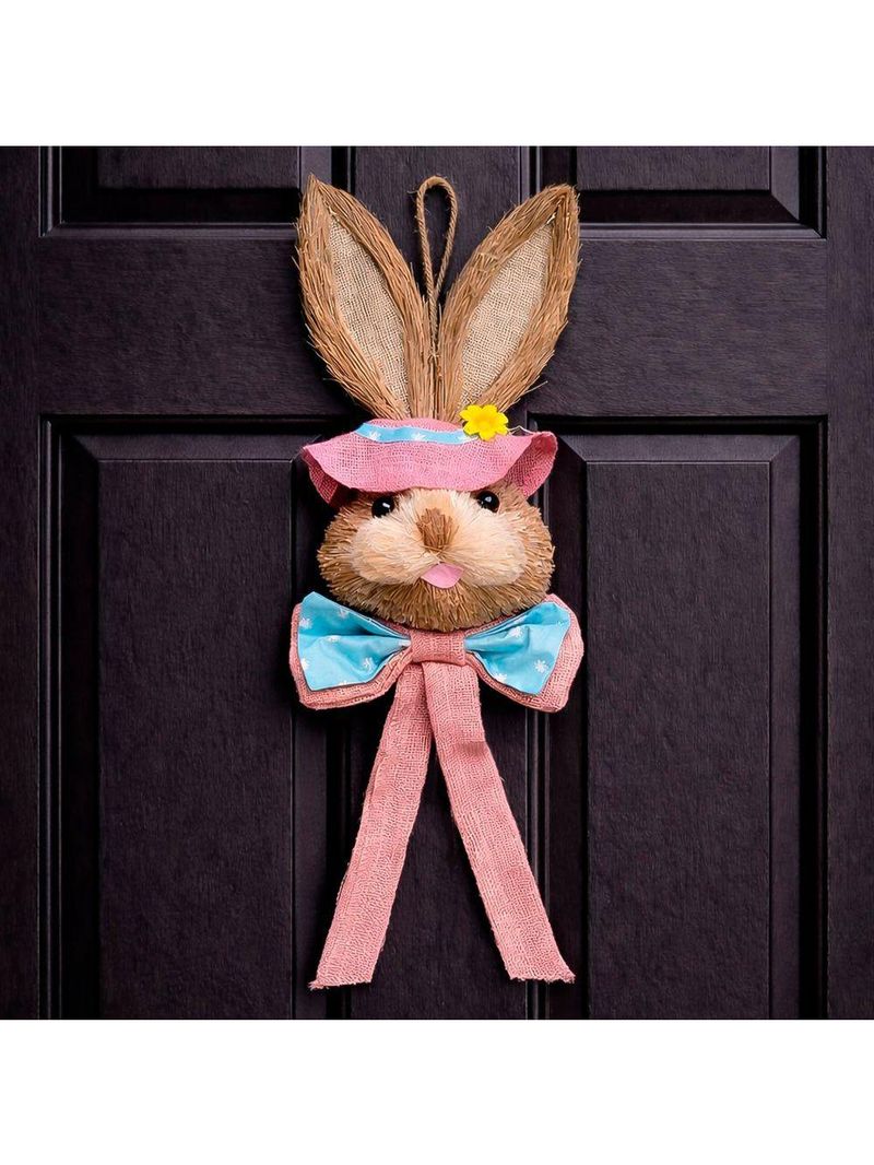 Decoração Páscoa Pendente Cabeça Coelho Com Laço Palha 65cm Rosa
