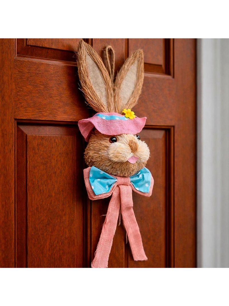 Decoração Páscoa Pendente Cabeça Coelho Com Laço Palha 65cm Rosa