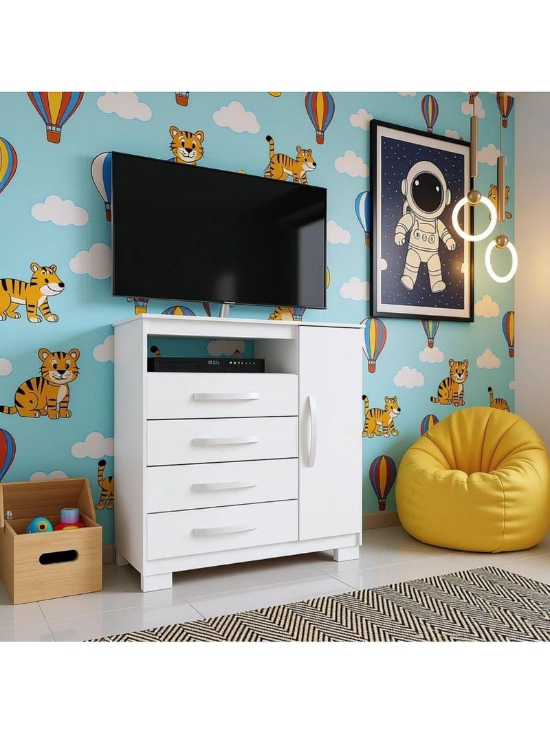Cômoda Com Sapateira Infantil Tv Quarto 4 Gavetas 1 Porta Branco Branco