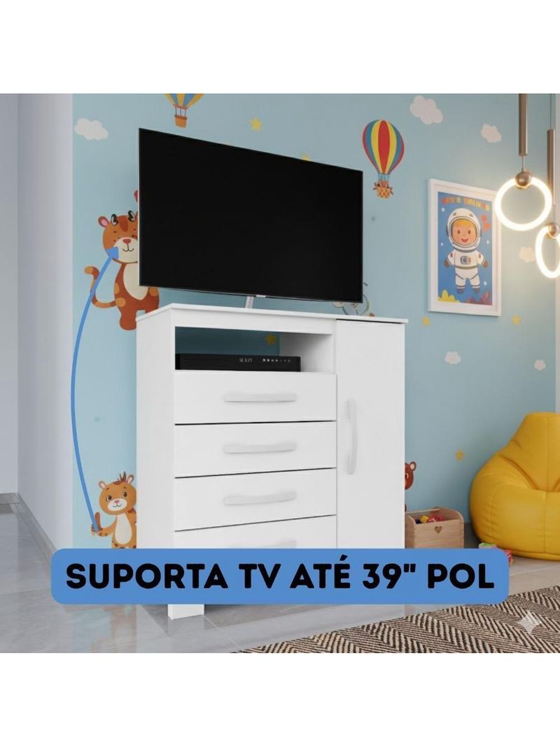 Cômoda Com Sapateira Infantil Tv Quarto 4 Gavetas 1 Porta Branco Branco
