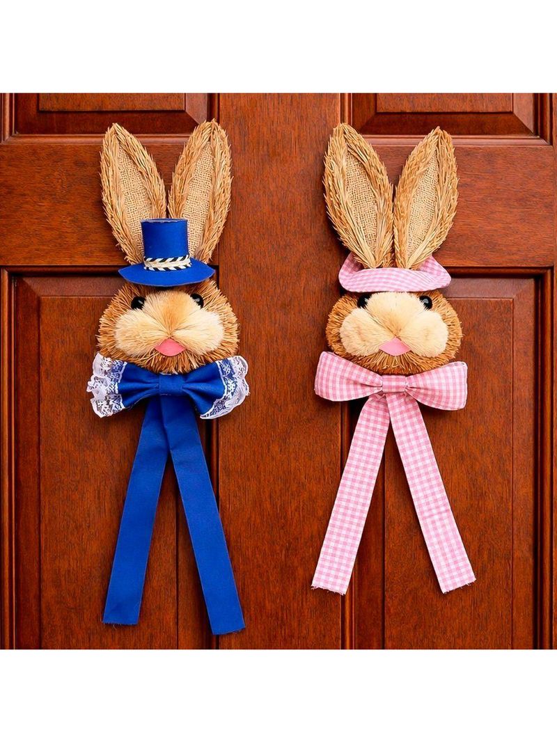 Casal Pendente Cabeça Coelho Decoração De Páscoa Palha 40cm