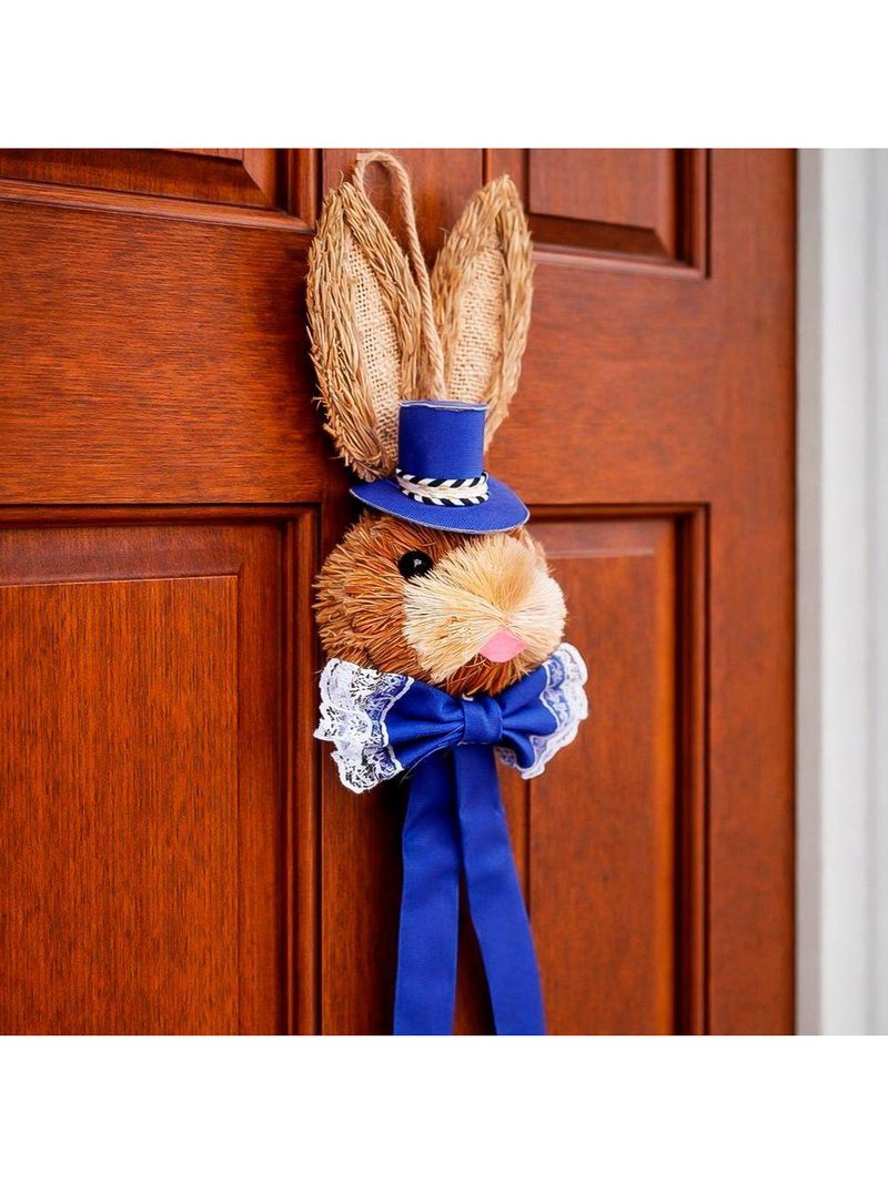 Casal Pendente Cabeça Coelho Decoração De Páscoa Palha 40cm