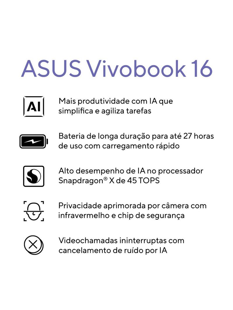 Notebook asus snapdragon x1 16gb ram 1tb ssd tela 16" windows 11 - vivobook 16 x1607qa