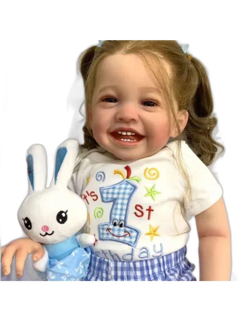 Bebe Reborn Menina Sorridente Corpo De Pano Macio Cabelo Implantado Fio A Fio