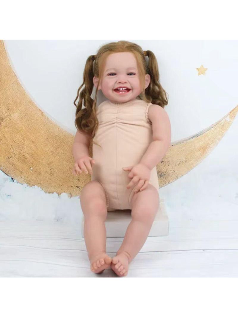 Bebe Reborn Menina Sorridente Corpo De Pano Macio Cabelo Implantado Fio A Fio